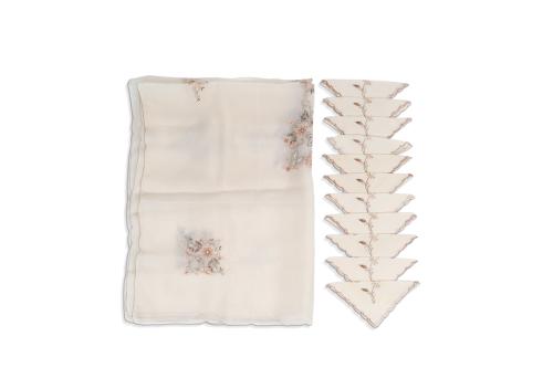 <p><span class="object_title">Mantelería en organza de seda natural bordada con decoración floral sobre fondo en tono marfil. A juego con doce servilletas. </span><br></p>