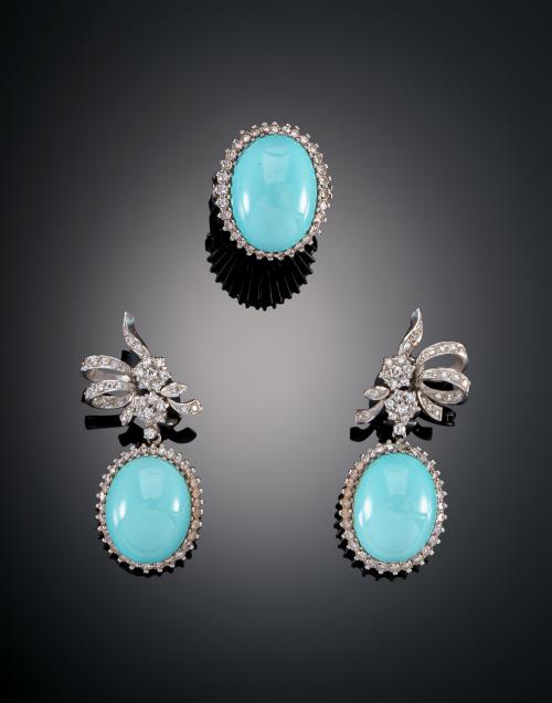 1087   -  <p><span class="object_title"> SORTIJA Y PENDIENTES AÑOS 50 CON TURQUESAS Y DIAMANTES . </span></p>