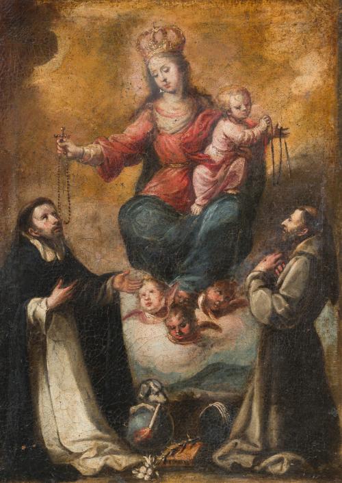 519 - <p><span class="object_author">ESCUELA ANDALUZA FNS. S. XVII - La Virgen del Rosario con Santo Domingo de Guzmán y San Francisco de Asís</span></p>