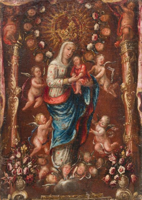 ESCUELA COLONIAL S. XVIII, Inmaculada con Niño y orla de án