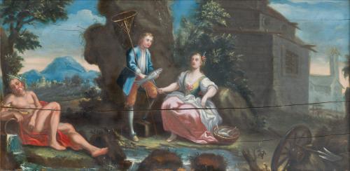 ESCUELA FRANCESA S.XVIII, Escena galante en un jardín , Óle