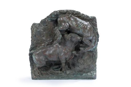 387 - <p><span class="object_title">JUAN POLO VELASCO (1923-2017)<br/>"La victima de la fiesta"<br/>Escultura en bronce pavonado en alto relieve. Firmada y fechada 1945.</span><br></p>