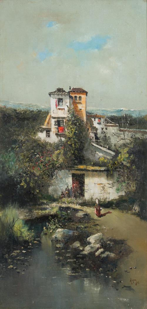 EMILIO ÁLVAREZ MOYA AYOM , Paisajes con caseríos , Pareja d
