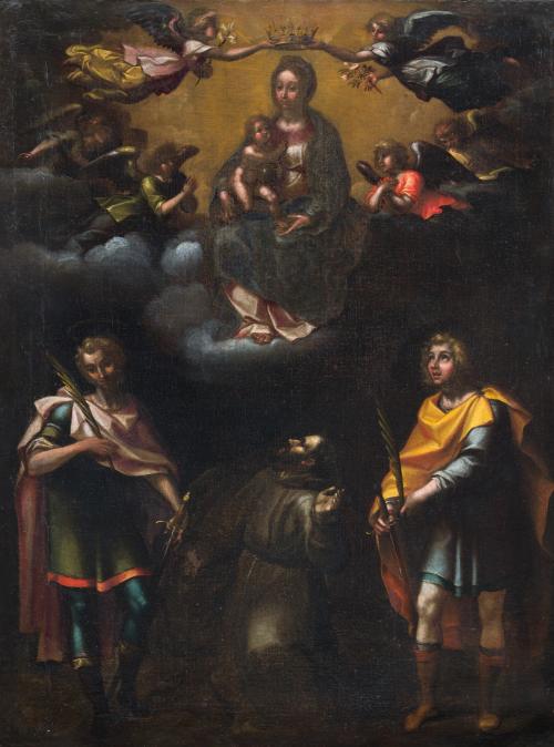 565 - <p><span class="object_author">ESCUELA ITALIANA S. XVII - Aparición de la Virgen a San Francisco de Asís con mártires </span></p>