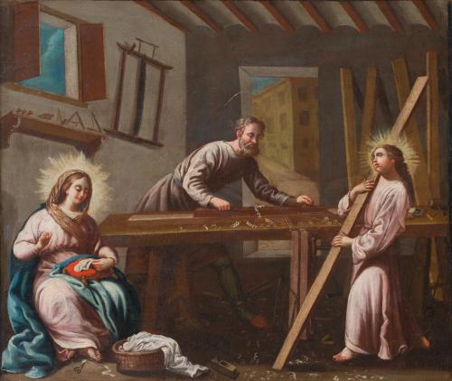 538 - <p><span class="object_author">ESCUELA SEVILLANA FNS. S. XVII - Sagrada familia en el taller de San José </span></p>