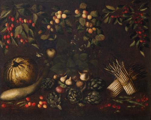 551 - <p><span class="object_author">ESCUELA TOSCANA PRIMER TERCIO DEL S. XVII - Bodegón de verduras y frutas </span></p>