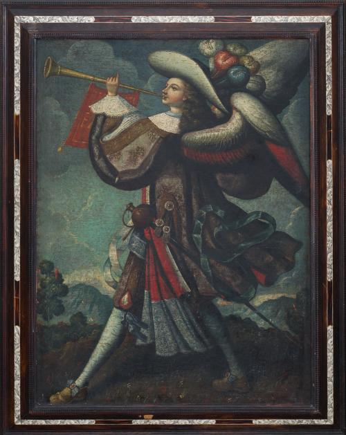 ESCUELA CUZQUEÑA S. XVIII, Arcángel arcabucero, Óleo sobre 