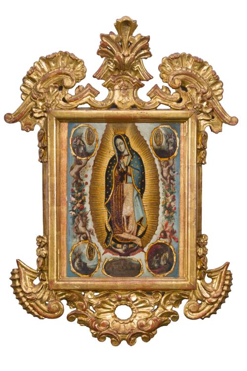 575   -  <p><span class="object_author">ATRIBUIDO A MANUEL DE ARELLANO (Activo en Méjico entre 1692 y 1721) - VIrgen de Guadalupe con escenas de las apariciones del indio Juan Diego, la Basílica de Guadalupe y el cerro de Tepeyac.</span></p>