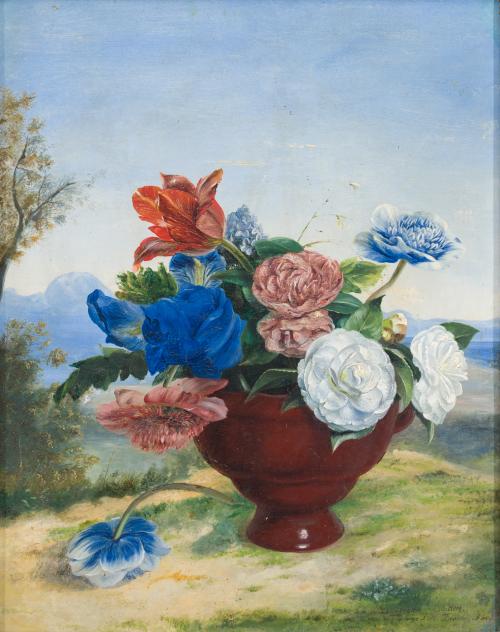 618 - <p><span class="object_author">JOSE MARÍA MURILLO BRACHO (Sevilla, 1827 - Málaga, 1882) - Florero con tulipanes, lirios y fresias en un paisaje. </span></p>