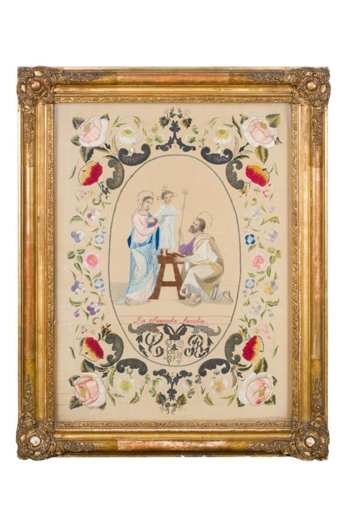 409   -  <p><span class="object_title">Bordado en seda con aplicaciones de hilos de oro y plata representando "La Sagrada Familia" en medallón central. S. XIX. Enmarcado.</span><br></p>