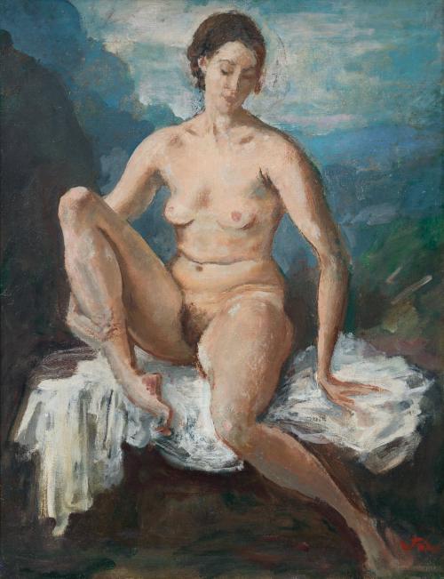 709   -  <p><span class="object_author"> AUGUSTUS EDWIN JOHN  (Reino Unido, 1878 – Fordingbridge, 1961) - Seated nude on a white cloth<br/></span></p>