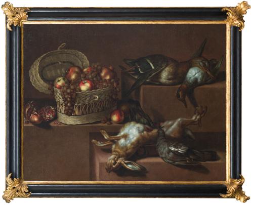 537 - <p><span class="object_author">ANTONIO PONCE (Valladolid, 1608 - Madrid, 1677) - Bodegón con liebre, ánade real, una cerceta y una paloma torcaz con una cesta de frutas en una cornisa"</span></p>