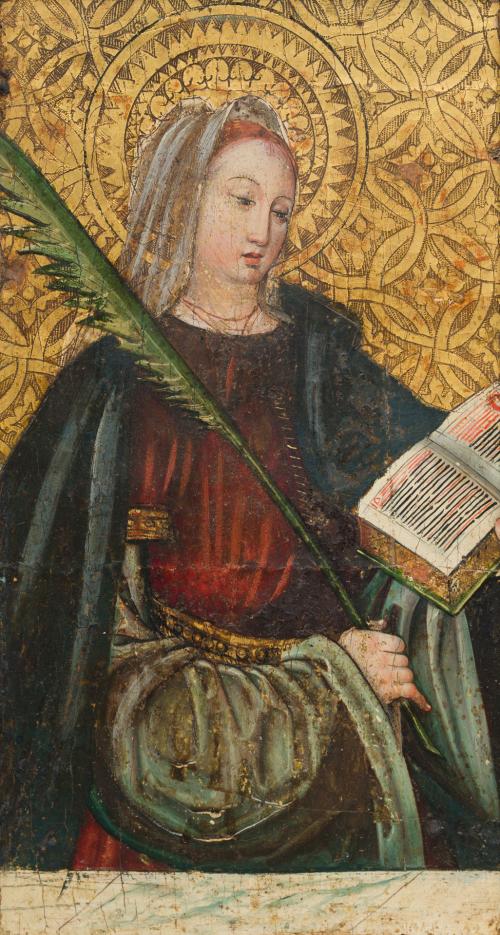 483   -  <p><span class="object_author">ATRIBUIDO AL MAESTRO DE PALANQUINOS (Activo en León en el ultimo cuarto del S. XV) - Santa con libro y palma. Probablemente Santa Claudia. </span></p>