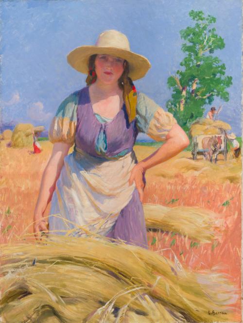 673 - <p><span class="object_author">LAUREANO BARRAU BUÑOL (Barcelona,1863 - Ibiza, 1957) - Payesa Iberica, la recogida de trigo, TBC</span></p>