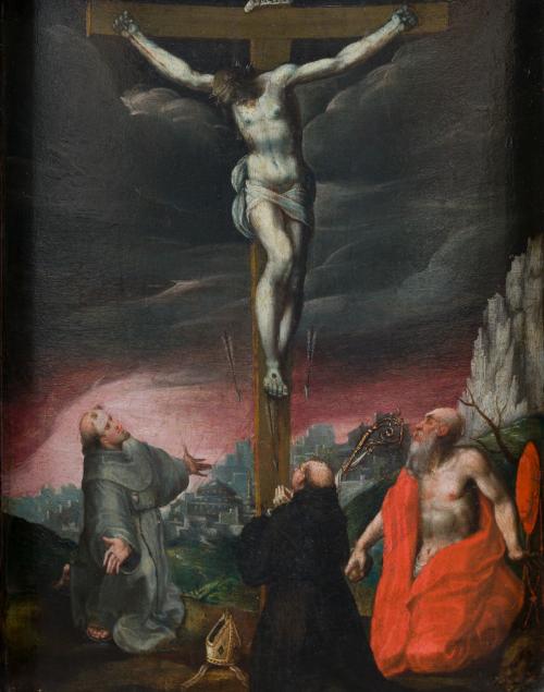 479 - <p><span class="object_author">ESCUELA ITALIANA S. XVI - Crucifixión con San Francisco de Asís, San Benito de Nursia y San Jerónimo</span></p>