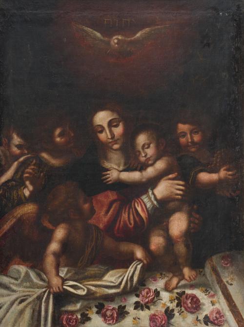 547 - <p><span class="object_author">ANONIMO ESPAÑOL, SIGUIENDO UN ORIGINAL PERDIDO DE BERNARDINO LUINI, segunda mitad del siglo XVII - Virgen con Niño durmiendo y ángeles</span></p>