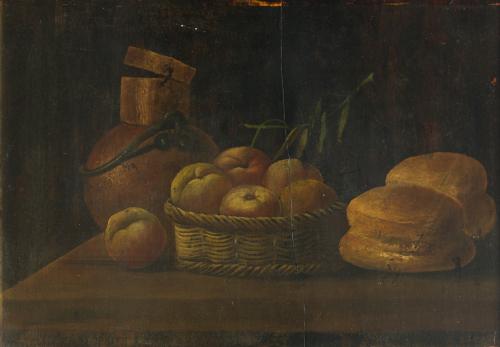 632   -  <p><span class="object_author">SEGUIDOR DE LUIS EGIDIO MELÉNDEZ (Nápoles, 1716 - Madrid, 1780) - Bodegón con cántaro metálico, melocotones y panes</span></p>