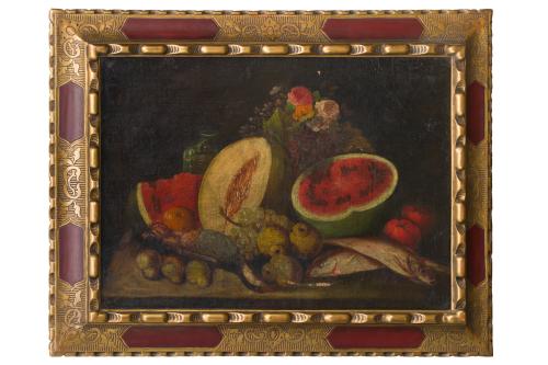 ESCUELA ESPAÑOLA S. XVIII, Bodegón con sandía y melón.Bod