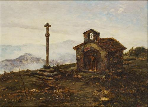 374   -  <p><span class="object_author">ESCUELA ESPAÑOLA SIGLO XIX  - Paisaje con ermita </span></p>