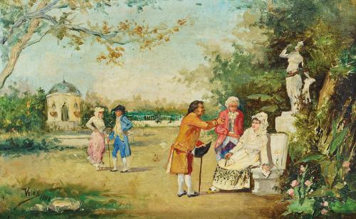 370   -  <p><span class="object_author">ESCUELA ESPAÑOLA FNS. S. XIX  - Escena galante en el jardín </span></p>