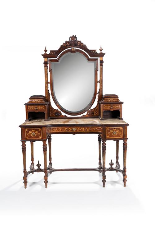 145   -  <p><span class="object_title">Mueble tocador de estilo neoclásico con decoración de marquetería de maderas frutales con motivos vegetales y de espiga. </span><br></p>