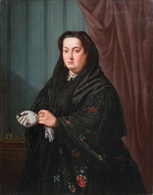 567 - <p><span class="object_author">ESCUELA ESPAÑOLA S.XIX - Retrato de dama colocándose los guantes </span></p>