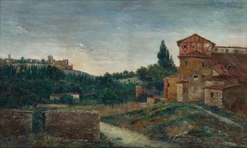 621 - <p><span class="object_author">ESCUELA ESPAÑOLA (S. XX) - Vista del Alcázar de Segovia y el Monasterio de Santa María y San Vicente el Real</span></p>