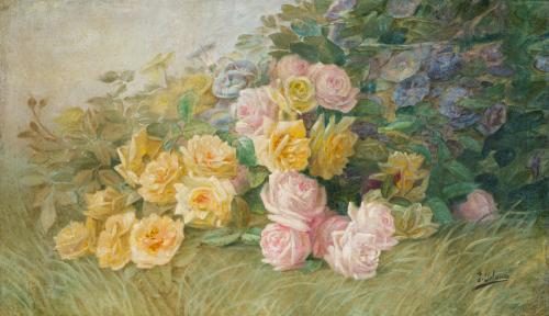 ESCUELA ESPAÑOLA S. XX, Rosas, Óleo sobre lienzo 