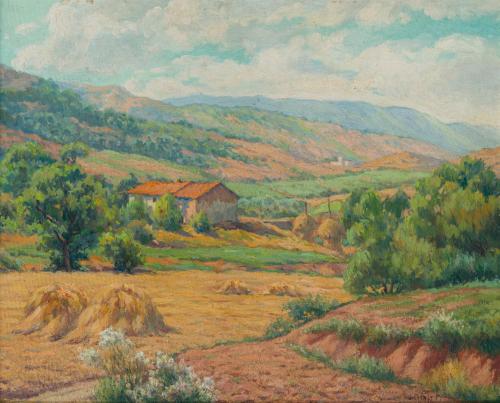 ESCUELA DE OLOT (S. XX), Caserío, Óleo sobre lienzo