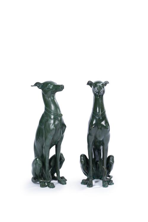 Pareja de galgos en bronce pintado, Italia, años 70. 