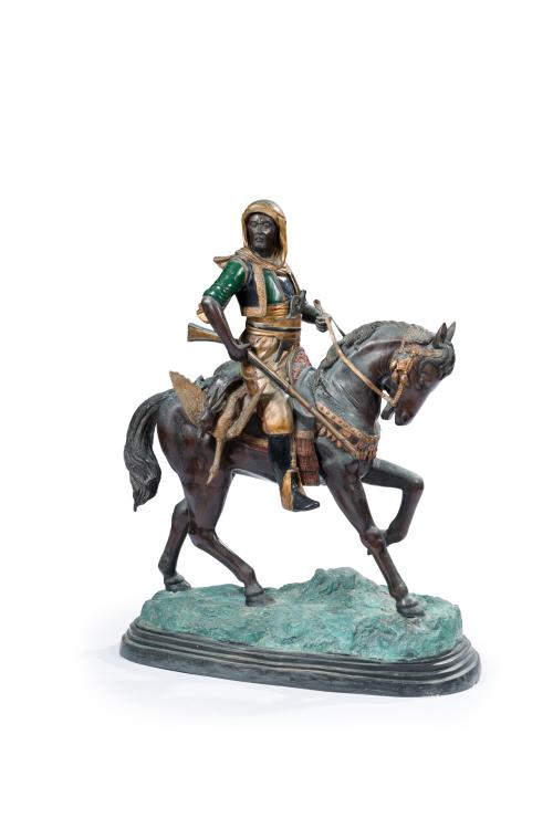 10 - <p><span class="object_title">Siguiendo modelos de Émile Coriolan Guillemin (1841-1907) <br/>"Árabe a caballo con espingarda"<br/>Figura en metal pintado. Sobre base escalonada. </span><br></p>