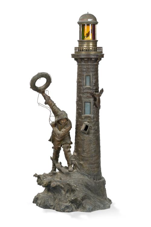 219   -  <p><span class="object_title">ALFRED JEAN FORETAY (1861-1944)<br/>"Faro"<br/>Lámpara de pie en metal con forma de faro y marinero. Firmado.<br/></span><br></p>