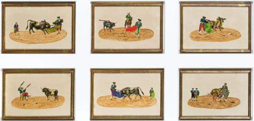 Pareja de paneles enmarcados con 12 litografías coloreadas 