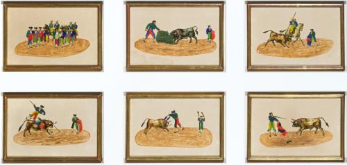 Pareja de paneles enmarcados con 12 litografías coloreadas 