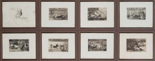 Lote de tres paneles con grabados de la tauromaquia de Goya