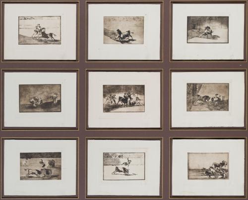 Lote de tres paneles con grabados de la tauromaquia de Goya