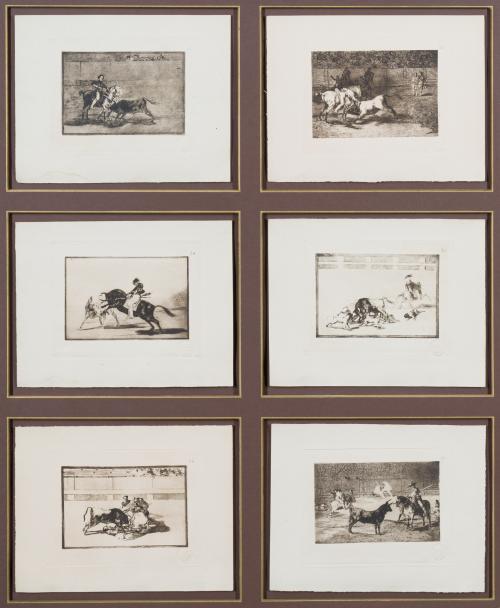 Lote de tres paneles con grabados de la tauromaquia de Goya