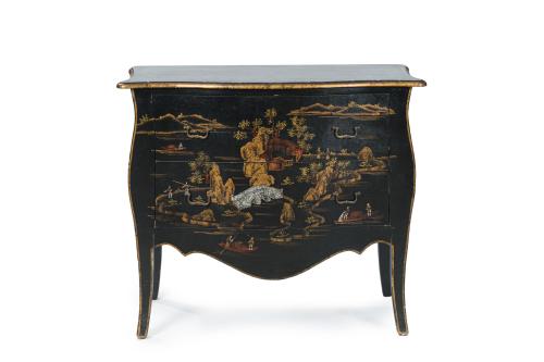48   -  <p><span class="object_title">Cómoda bombé de estilo Luis XV en madera ebonizada con decoración de chinoisseries en dorado.<br/>Dos registros de cajones.</span><br></p>