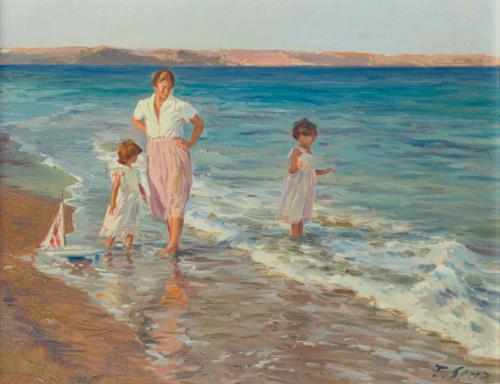 FELIX SERRA (España, 1941), Madre con niñas en la playa, Ól