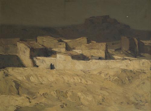 MIGUEL ÁNGEL ECHAURI (Pamplona, 1927 - 2024), Pueblo, Óleo 