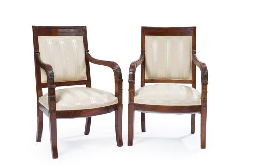 177   -  <p><span class="object_title">Pareja de dos butacas Imperio en madera de caoba, s. XIX.<br/>Brazos acanalados y decoración de palmetas. Tapicería en seda a rayas.</span><br></p>