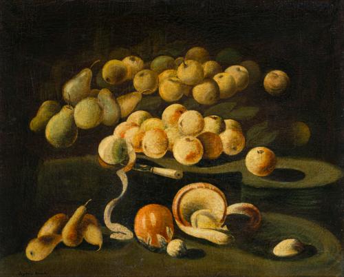 577 - <p><span class="object_author">ESCUELA ESPAÑOLA. Finales del siglo XIX-principios del siglo XX - Bodegón de frutas y champiñones<br/></span></p>