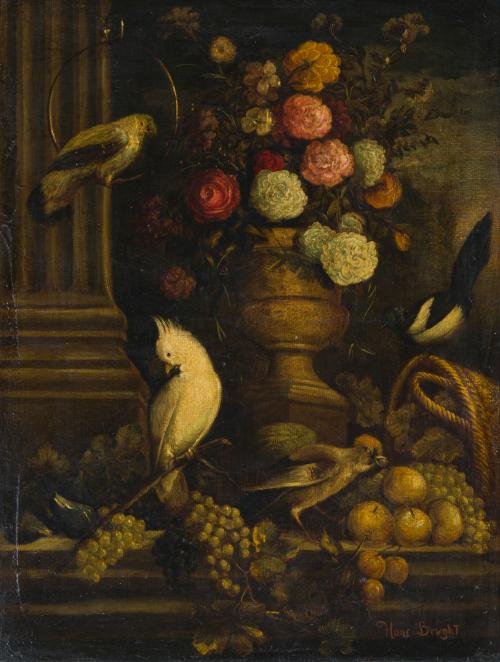 557 - <p><span class="object_author">ESCUELA ITALIANA. Primera mitad del siglo XVIII - Bodegón con flores, frutas y aves</span></p>