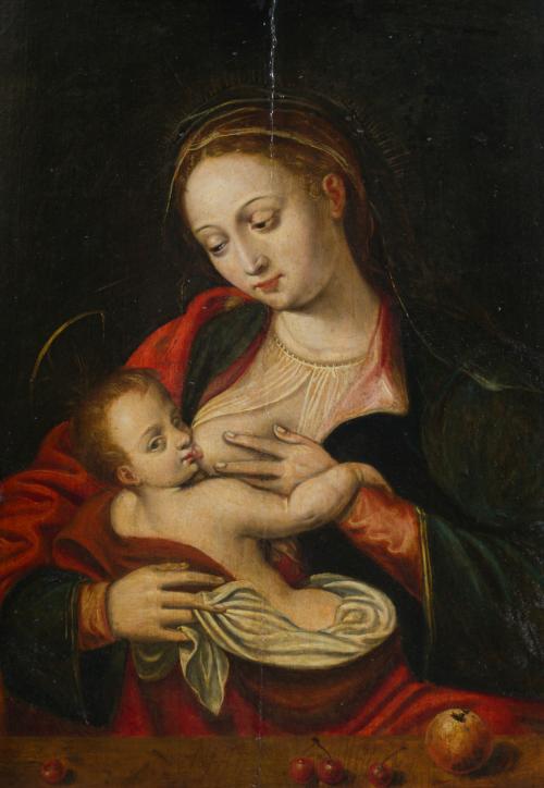 397   -  <p><span class="object_author">SEGUIDOR DE JOOS VAN CLEVE, (Cleve?, h. 1485-Amberes, 1540-1541). Segunda mitad del siglo XVI - La Virgen con el Niño o Virgen de la leche</span></p>