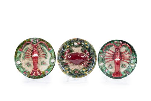 Juego de tres platos de engaño de marisco en cerámica vidri