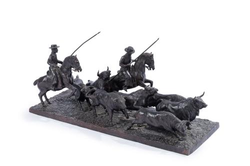 ESCUELA ESPAÑOLA, S. XX."Arreo taurino"Grupo en bronce 