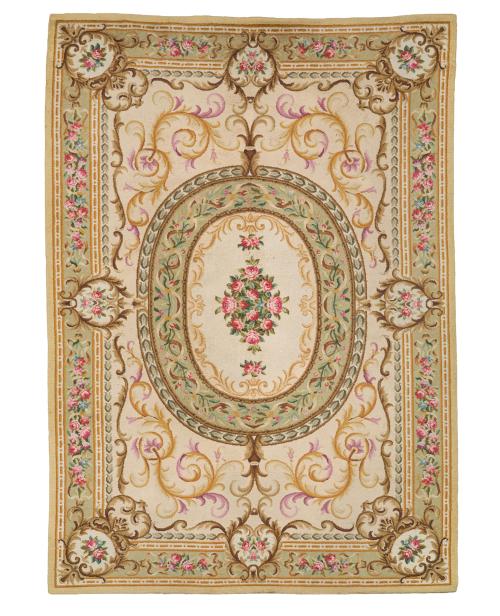 Alfombra española en lana con decoración de guirnaldas, bou