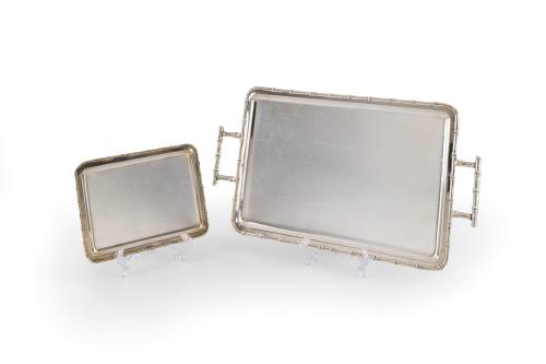 149   -  <p><span class="object_title">Pareja de bandejas de plata española punzonada con originales perfiles de bambú. </span><br></p>