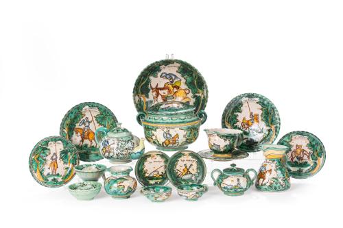 180   -  <p><span class="object_title">Vajilla en cerámica de Puente del Arzobispo, firmada en algunas piezas por Sanguino. Decoración de escenas del Quijote. </span><br></p>