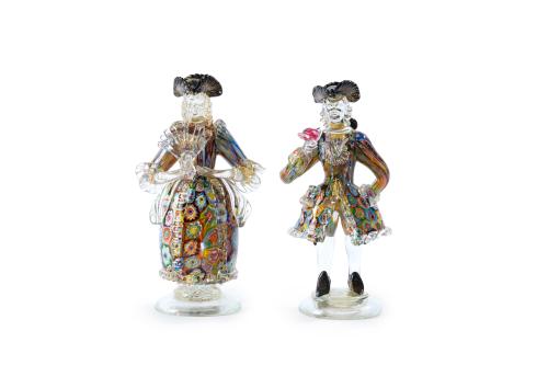 "Goldoni"Pareja de figuras diciochescas en vidrio soplado